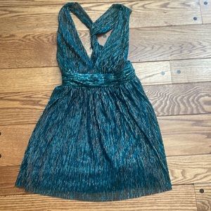 Lulu’s XS plunge top teal shimmery flare dress
